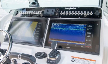 Marine electronics installed at a boat helm